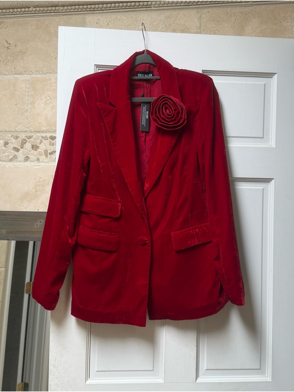 Steve Madden Red Velvet Blazer with Floral Pin